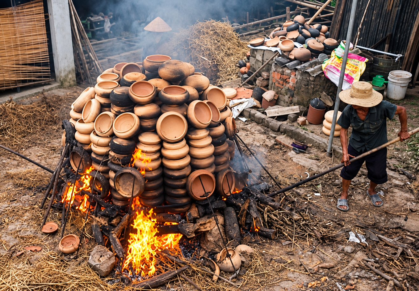 A potter tending an open firing stacked with many clay pots